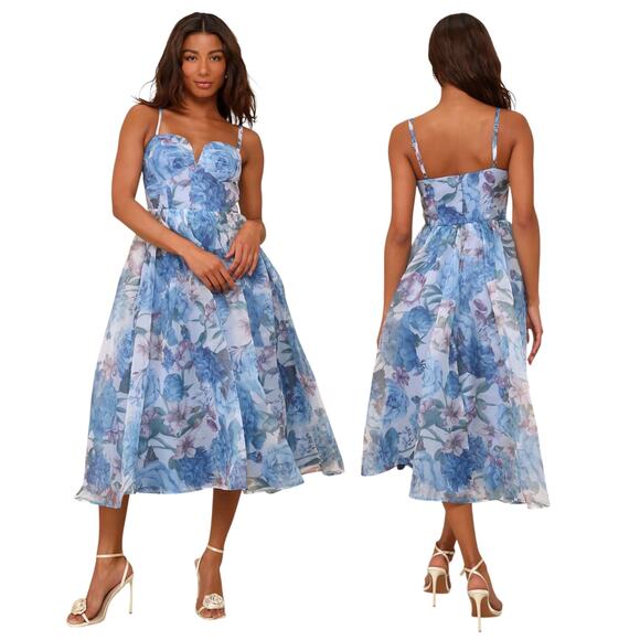 Lulus Dresses & Skirts - Lulus Cherished Aura Blue Multi Floral Organza Bustier Midi Dress size L NWT